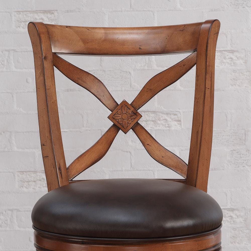 Transitional Brown Leather Swivel Chair with Carved Flower Detail