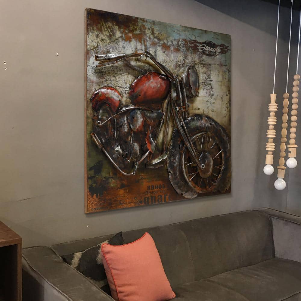 Primo Hand Painted Iron and Wood Motorcycle Wall Sculpture