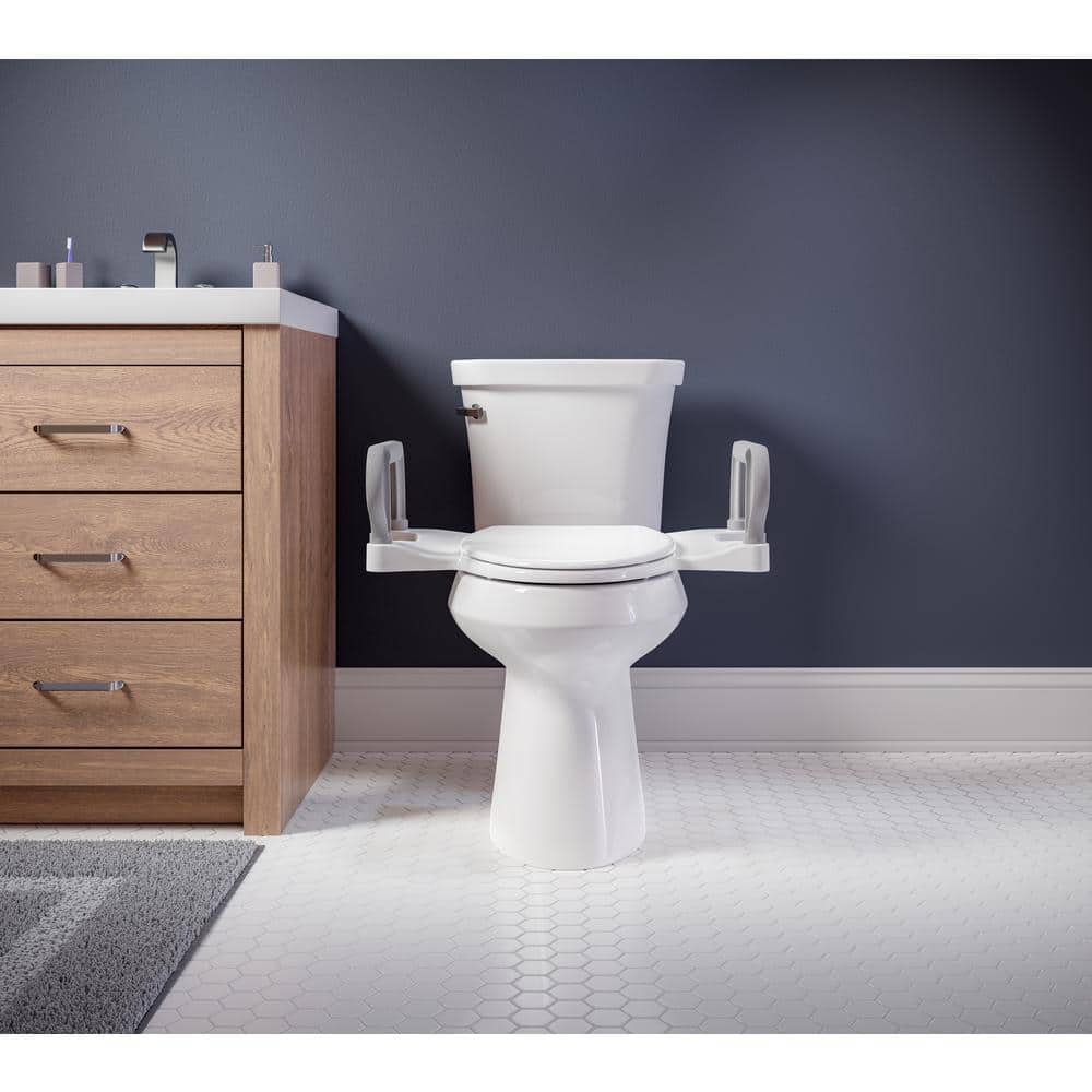 Elongated White Plastic Toilet Seat with Support Handles