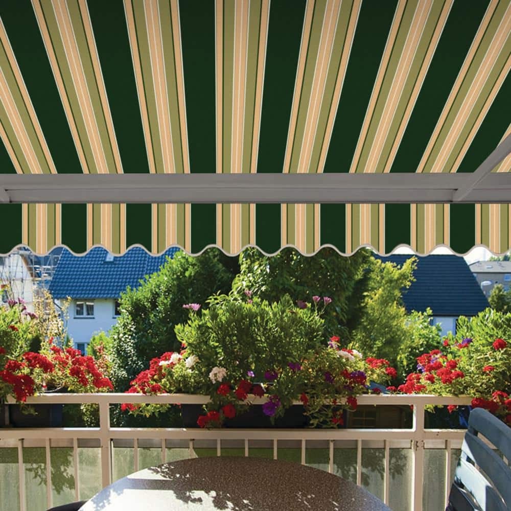 Forest Green and Beige Striped Motorized Patio Awning