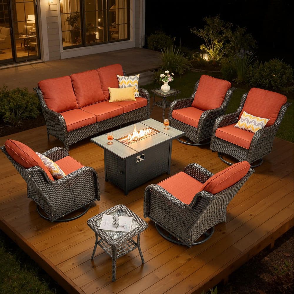Nerium A 8-Piece Wicker Outdoor Patio 50000 BTU Fire Pit Conversation Set with Swivel Chairs & Orange Red Cushions price history on PriceWatchPro