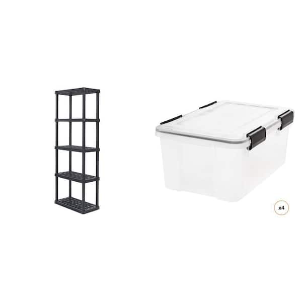 5-Tier Plastic Garage Shelving Unit (12 W x 64 H x 24 D) and 19 Qt./5 Gal. WeatherPro Storage Tote, 4-Pack