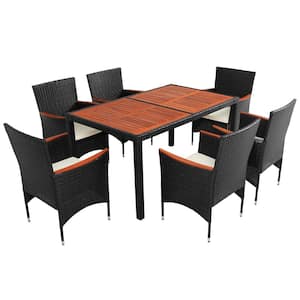 7-Piece Black Wicker Outdoor Dining Set with Beige Cushions, Brown Acacia Wood Tabletop