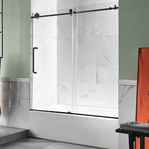 5 ft. Acrylic Left Drain Rectangle Tub in White with 60 in. W x 62 in. H Frameless Sliding Tub Door in Matte Black