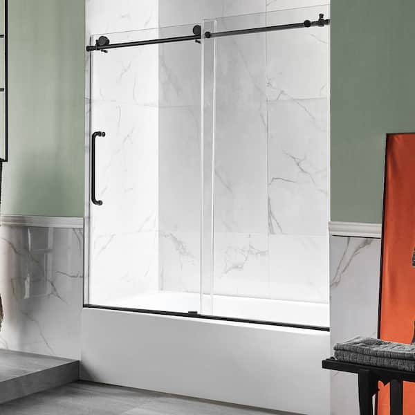 ANZZI 5 ft. Acrylic Left Drain Rectangle Tub in White with 60 in. W x 62 in. H Frameless Sliding Tub Door in Matte Black