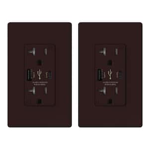 25-Watt 20 Amp Type A & C Dual USB Wall Charger with Duplex Tamper Resistant Outlet Wall Plate Included, Brown (2-Pack)