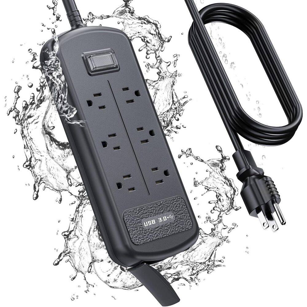 10 ft. Waterproof Surge Protector Power Strip Black 6 Outlets 3 USB Ports Wall Mountable for Home Office Patio price history on PriceWatchPro