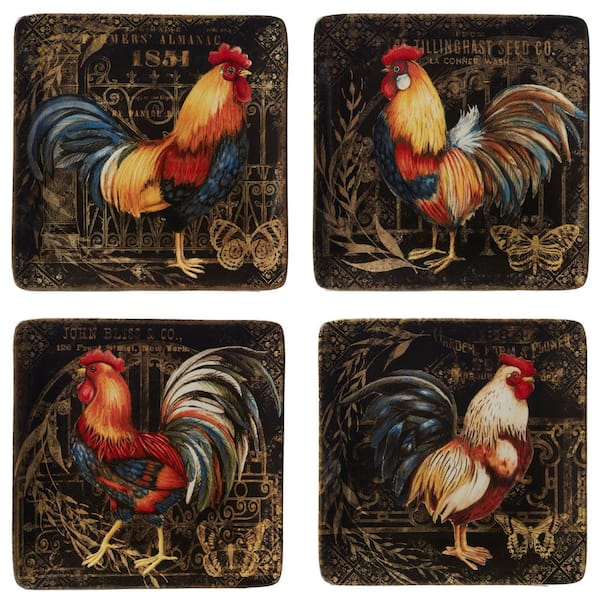 Certified International 10.5 in. Gilded Rooster 4-Piece Traditional Multi-Colored Ceramic Dinner Plate Set (Service for 4)
