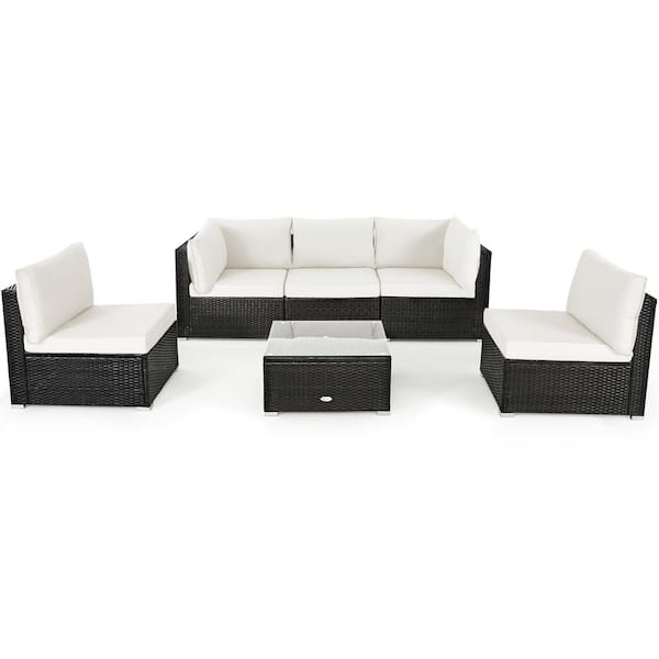 Costway 6-Piece Patio Rattan Furniture Set Sofa Coffee Table Garden with White Cushions