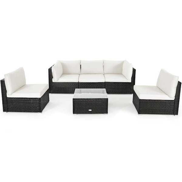 6-Piece Patio Rattan Furniture Set Sofa Coffee Table Garden with White Cushions