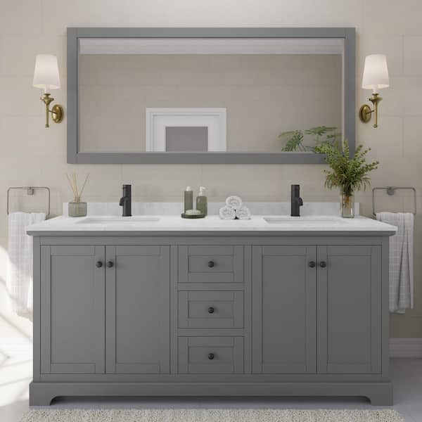 Wyndham Collection Avery 72 in. W x 22 in. D x 35 in. H Double Bath Vanity in Dark Gray with Carrara Cultured Marble Top