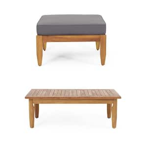 Mid-Century Modern Design Acacia Wood Outdoor Ottoman with Slat Panel Style Coffee Table in Water-Resistant Gray Cushion