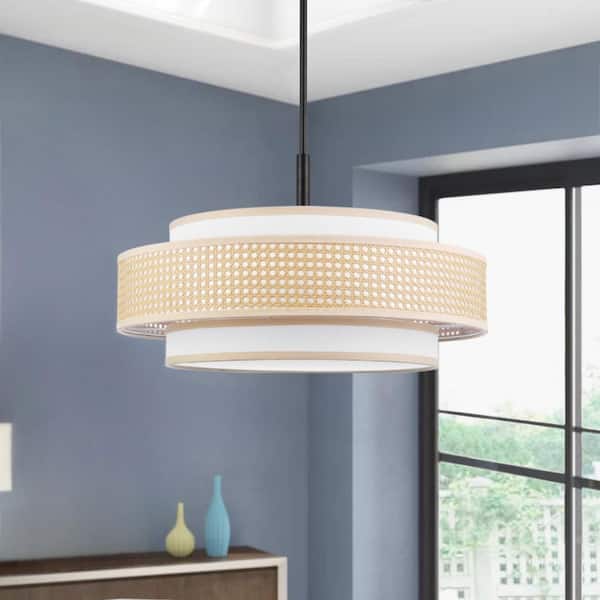 24 in. 5-Light Drum Chandelier with 2-Tier Woven Rattan and Fabric Shades