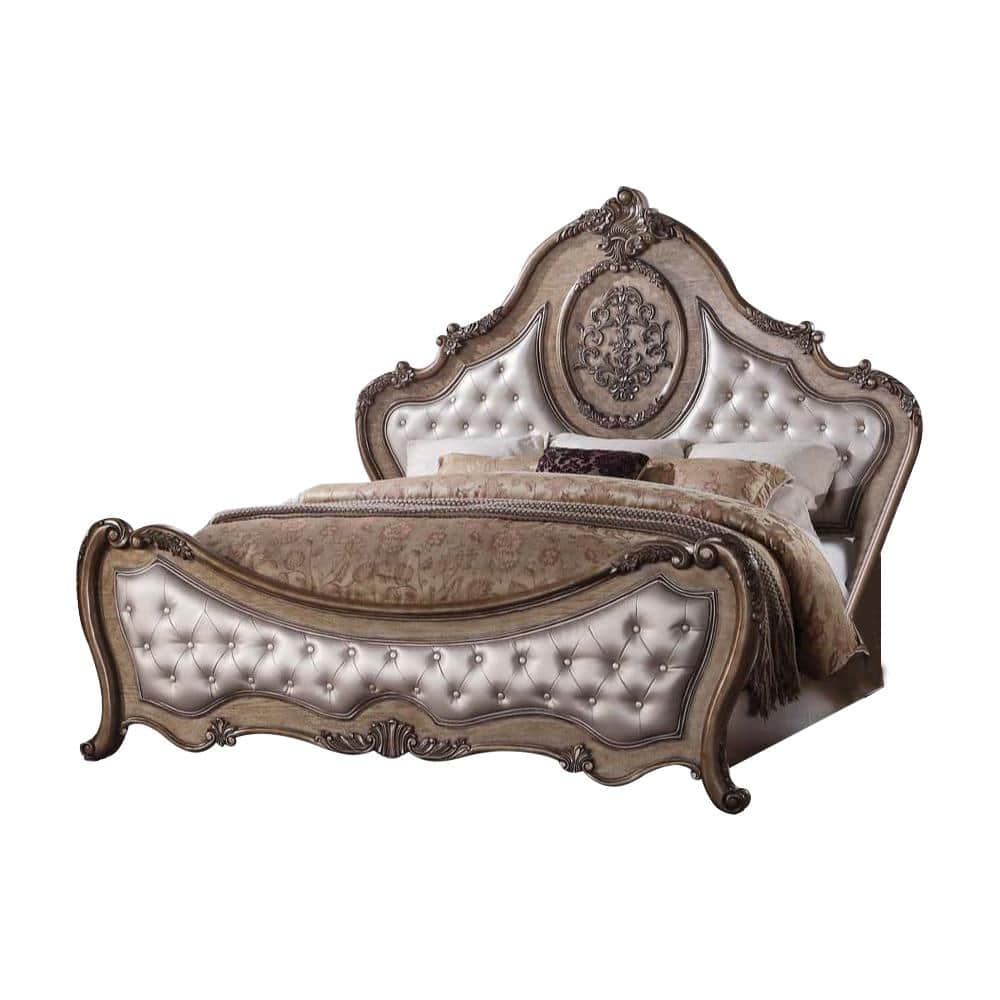King Size Vintage Oak Upholstered Bed with Tufted Headboard