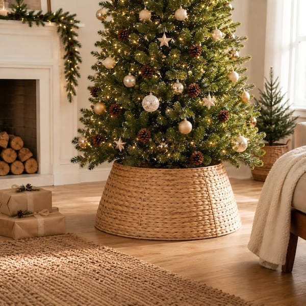 36 in. Wood Color Rattan Hyacinth Christmas Tree Collar, with Tree Skirts and Stand Base Cover