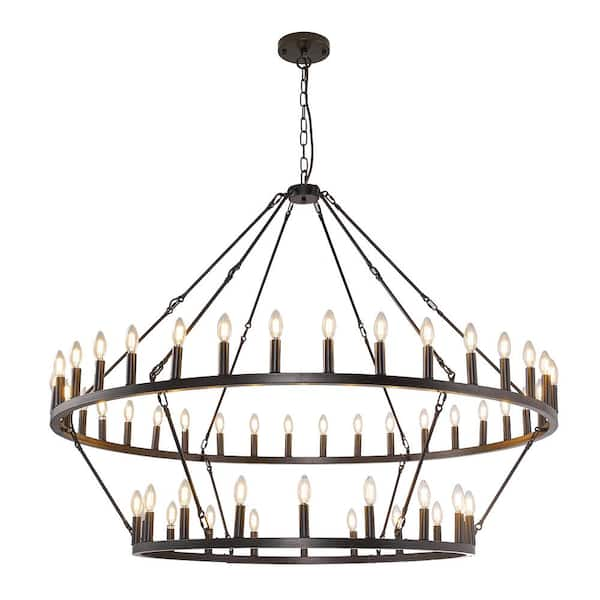 60 in. 54-Light 2-Tier Black Extra Large Farmhouse Wagon Wheel Loft Retro Round Chandelier for Living Room Foyer Bar