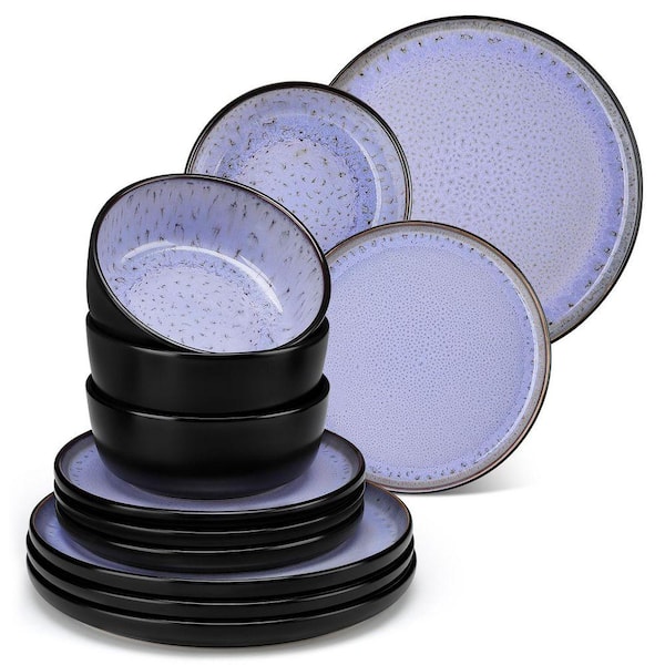 Series Amber 12-Piece Purple and Black Stoneware Dinnerware Set Service for 4 Bowls and Plates Dining Set Tableware