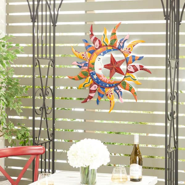 LITTON LANE 36 in. x  36 in. Metal Multi Colored Indoor Outdoor Sun and Moon Wall Decor with Abstract Patterns