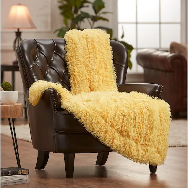 CHANASYA Solid Yellow Shaggy Faux Long Fur Polyester Throw Blanket - 50 in. x 65 in.