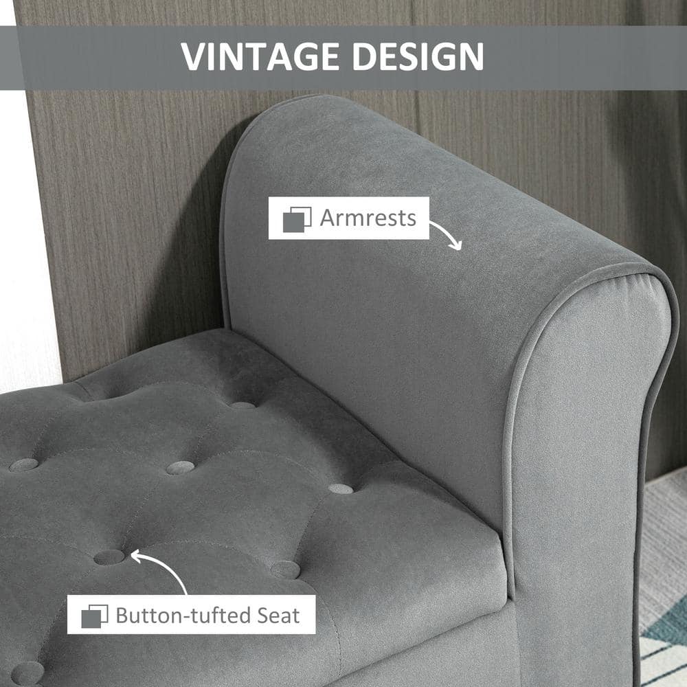 Gray Velvet Tufted Storage Ottoman Footstool with Rolled Armrests