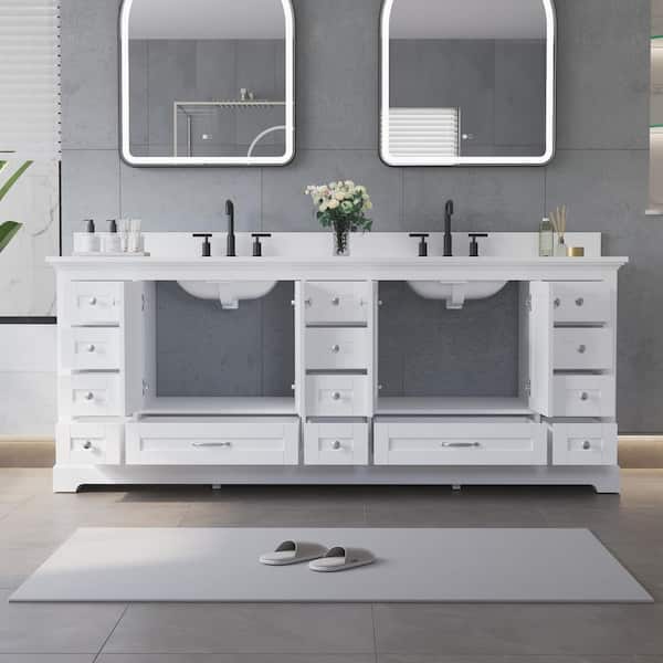 84 in. Solid Wood Freestanding White Bath Vanity with Pure White Cultured Marble Countertop Top Assembled