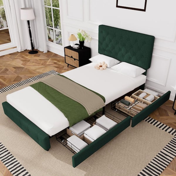 Green Linen Upholstered Metal Frame Storage Twin Platform Bed Frame with Headboard