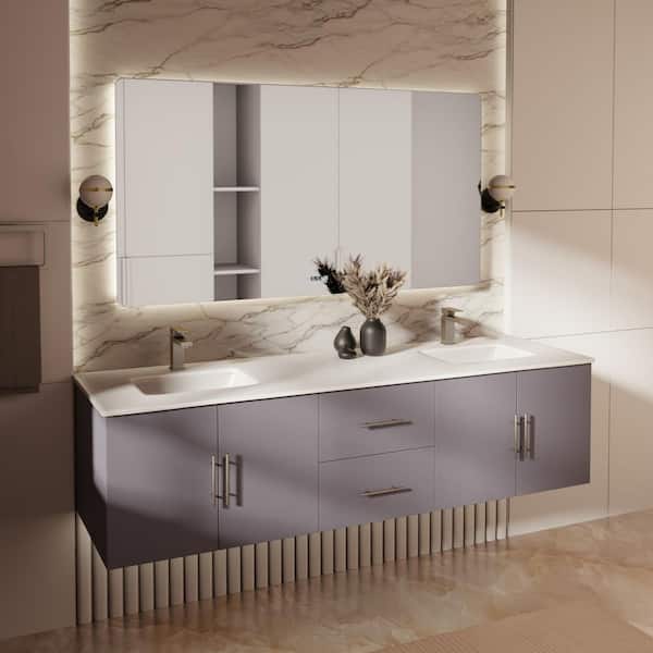 Geneva 72 in. W x 22 in. D Dark Grey Double Bath Vanity, White Quartz Top, and 30 in. LED Mirrors