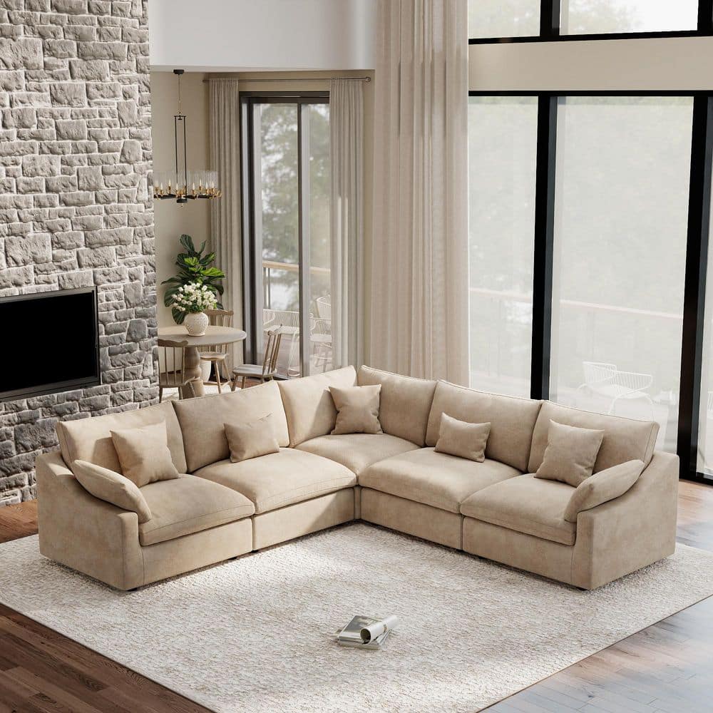 119.2 in. Slope Arm 5-piece Linen Deep Seat Feather Modular Corner Sectional Sofa with Removable Covers in. Brown