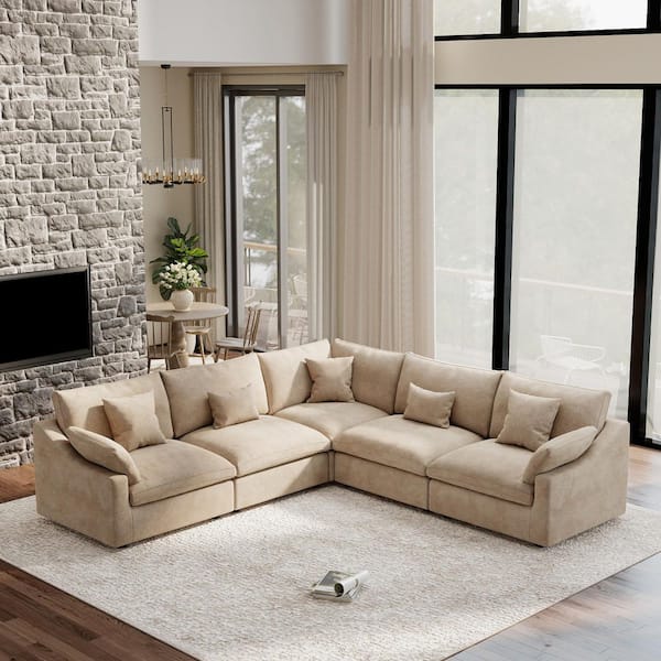 119.2 in. Slope Arm 5-piece Linen Deep Seat Feather Modular Corner Sectional Sofa with Removable Covers in. Brown