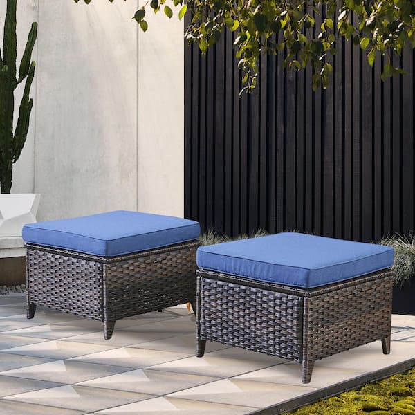 Opohoro Brown Wicker Outdoor Ottoman, All-Weather Patio Ottomans (Set of 2) PE Wicker Steel Frame with Blue Cushions (2-Pack)