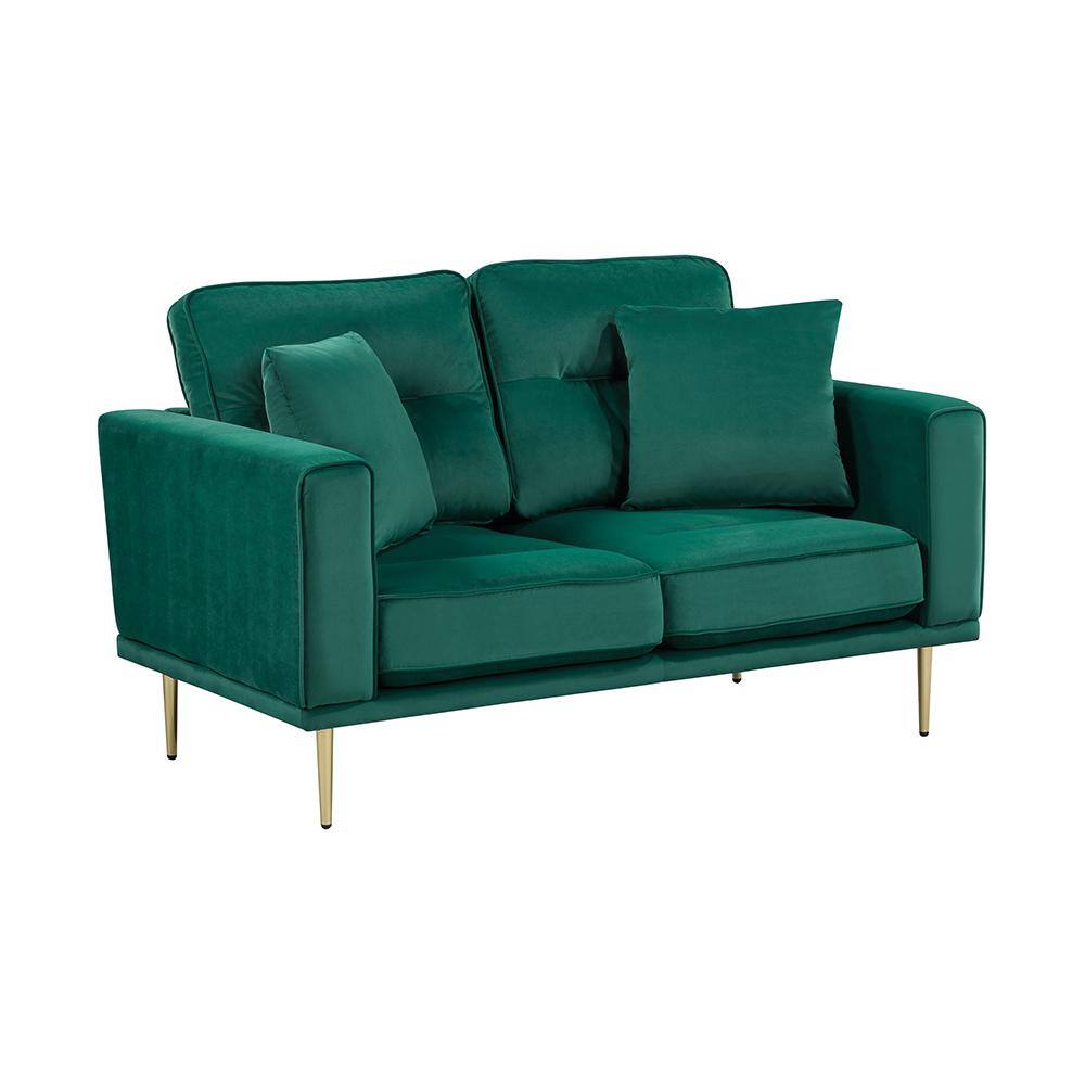 Green Velvet Loveseat with Gold Metal Legs and Track Arms