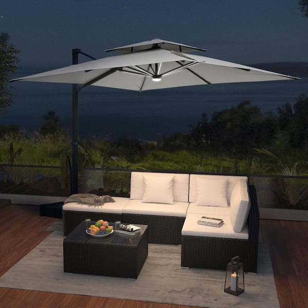 10 ft. x 10 ft. Square Aluminum 360° Rotation Outdoor Patio Cantilever Umbrella with LED Strip Base, in Gray