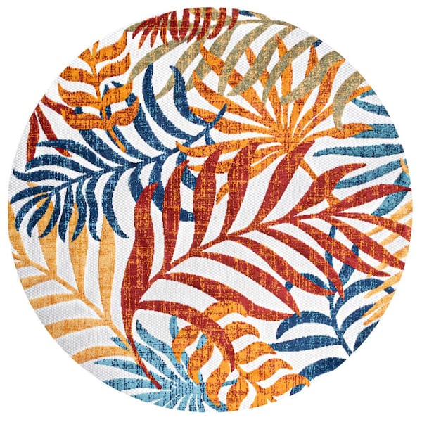 Tropics Palm Leaves Cream/Orange 6 ft. Round Indoor/Outdoor Area Rug