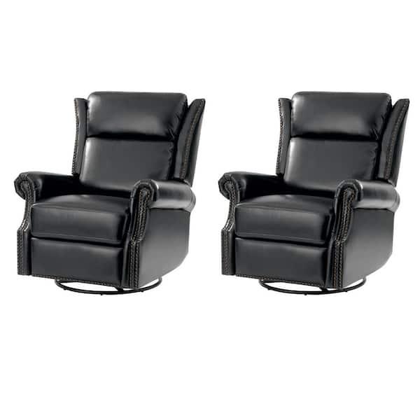 JAYDEN CREATION Lavinia Black Genuine Leather Manual Swivel Glider Recliner with Nailheads Set of 2