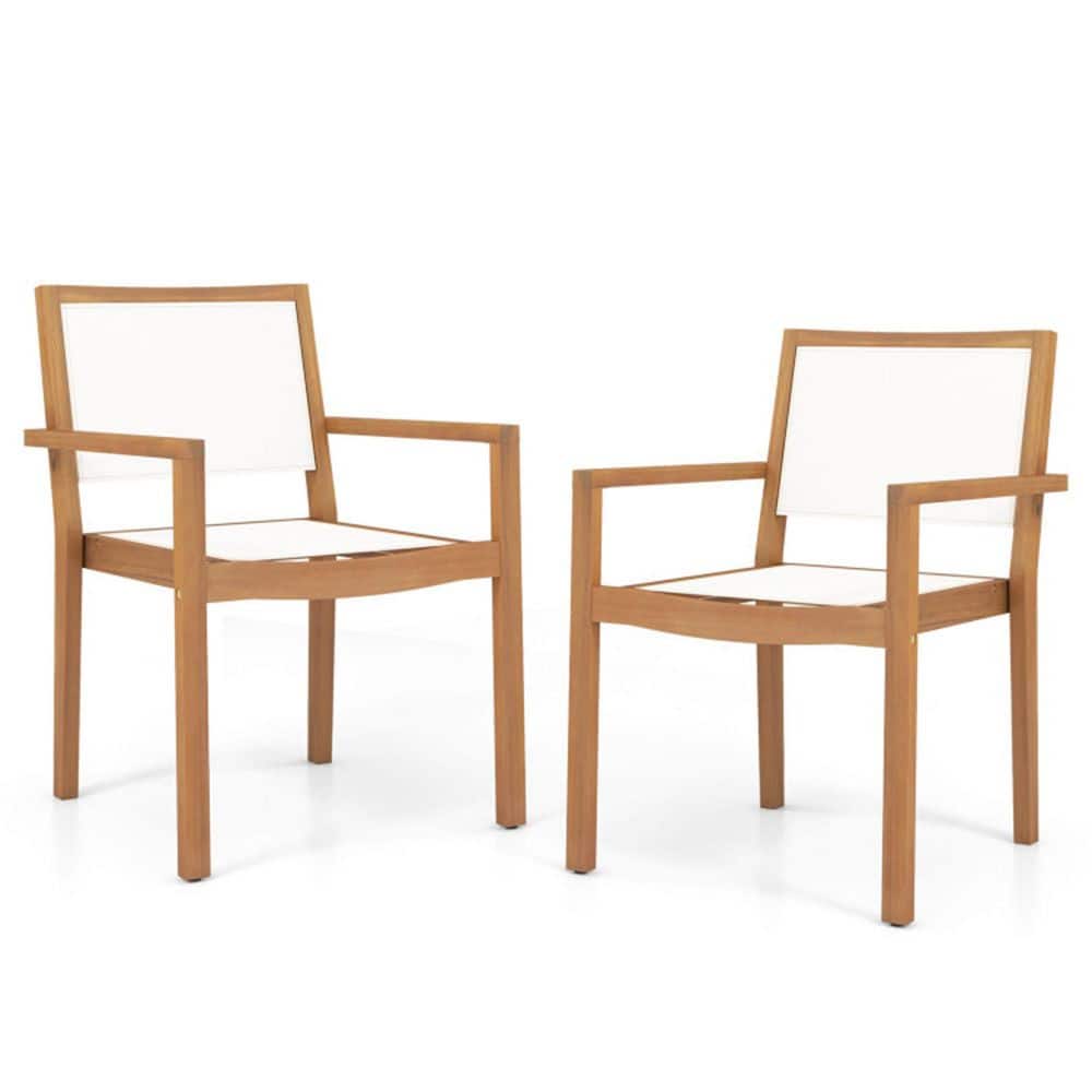 Natural Brown Acacia Wood Frame Stackable Outdoor Dining Chair with White Fabric Backrest and Seat Set of 2