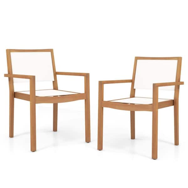 Natural Brown Acacia Wood Frame Stackable Outdoor Dining Chair with White Fabric Backrest and Seat Set of 2