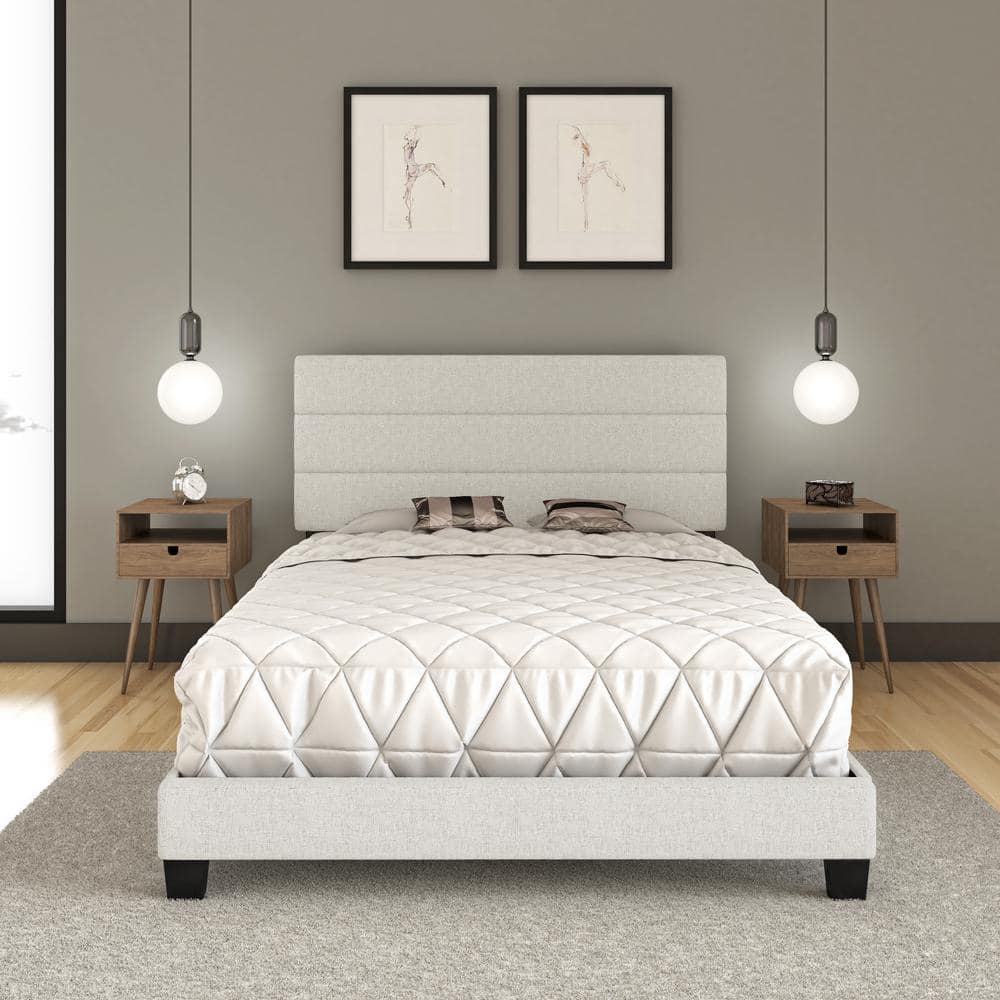 Rachel Light Gray Linen Upholstered Queen Bed Frame with Tufted Headboard