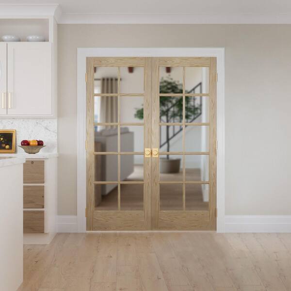 60 in. x 80 in. Both Active Unfinished Pine Glass 15-Lite Clear True Divided Prehung Interior French Door