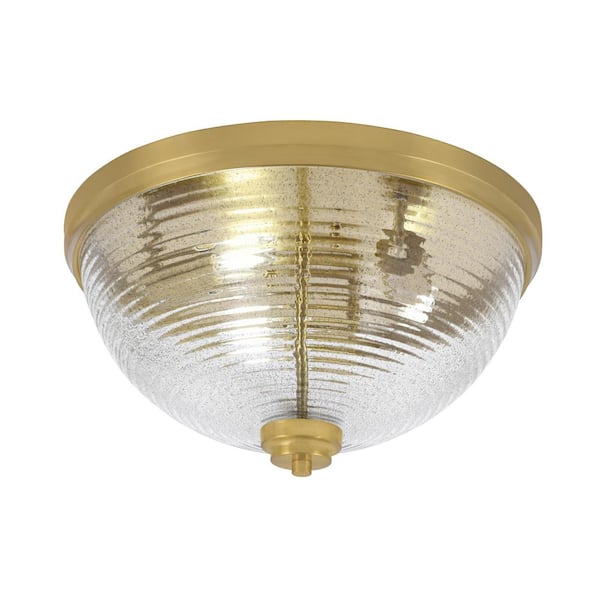 Unbranded Ashland 16 in. 3 Light New Age Brass Flush Mount with Smoke Ribbed Glass Shade No Bulbs Included