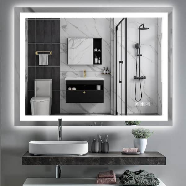 Bnuina 48 in. W x 36 in. H Large Rectangular Frameless Anti-Fog Wall-Mounted Dimming LED Bathroom Vanity Mirror in Transparent
