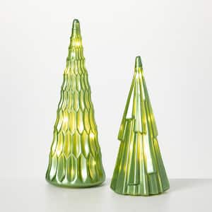 8.75 in. H and 7 in. Green Glass Illuminated Cone Tree (Set of 2)
