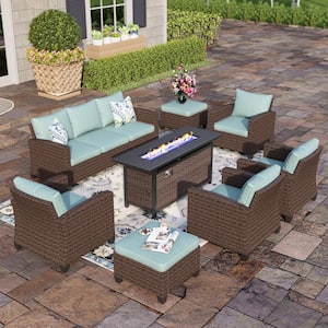 Brown 8-Piece Rattan Steel Outdoor Patio Conversation Set with Blue Cushions and Rectangular Fire Pit Table