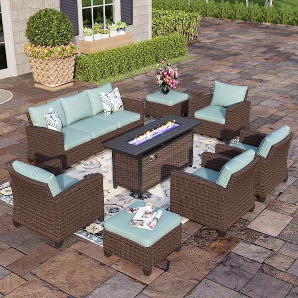 PHI VILLA Brown 8-Piece Rattan Steel Outdoor Patio Conversation Set with Blue Cushions and Rectangular Fire Pit Table