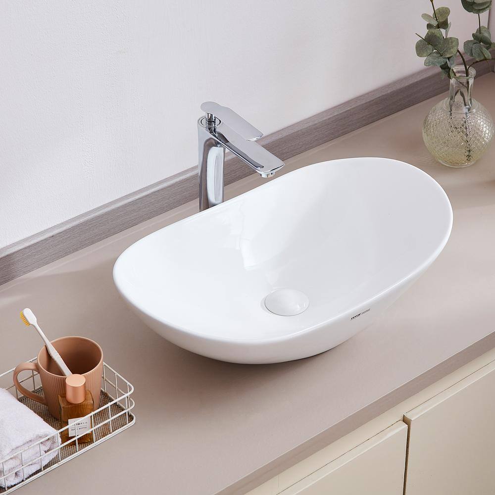 White Oval Ceramic Above-Counter Vessel Sink with Drain