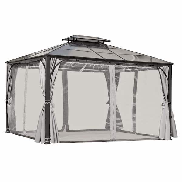 Cesicia 10 ft. x 12 ft. Outdoor Patio Gray Steel Gazebo Canopy Polycarbonate Roof Tent with Privacy Screens and Mosquito Netting