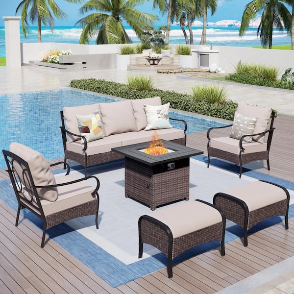 PHI VILLA Black Rattan 6-Piece Steel Outdoor Patio Conversation Set with Beige Cushions & Square Wicker Fire Pit Table