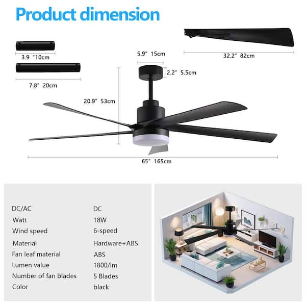 65 In. Indoor Black 5 Premium ABS Fan Blades Integrated LED Ceiling Fan with Remote Control and Reversible DC Motor