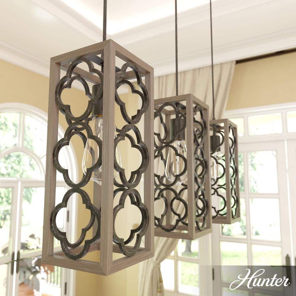 French Oak and Black Aluminum 3-Light Pendant