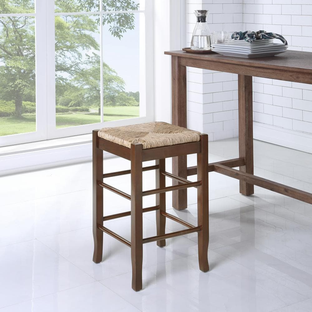 Cappuccino Finish 24" Square Rush Backless Swivel Wood Stool
