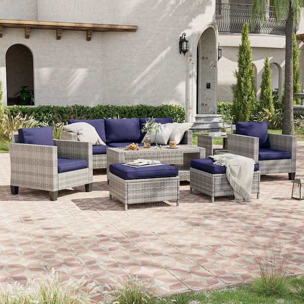 7-Piece Gray Wicker Outdoor Conversation Seating Sofa Set with Coffee Table, Navy Blue Cushions